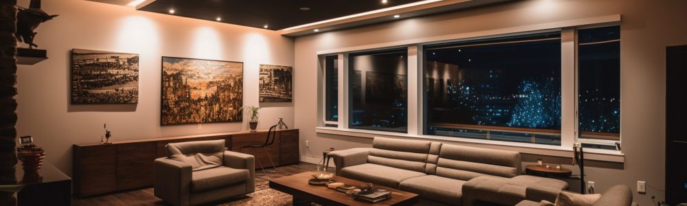 Comfortable modern living room illuminated with electric lamp generated by artificial intelligence